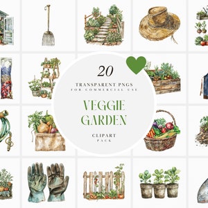 Clipart di orto ad acquerello, elementi di giardinaggio estivo, tema primaverile, fattoria rustica, grafica PNG trasparente, uso commerciale