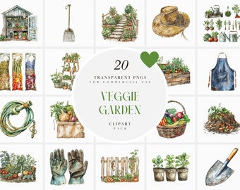 May include: A set of 20 watercolor illustrations of a veggie garden, including a greenhouse, gardening tools, a watering can, a basket of vegetables, a garden gnome, and a garden path. The illustrations are perfect for creating digital or printed designs.
