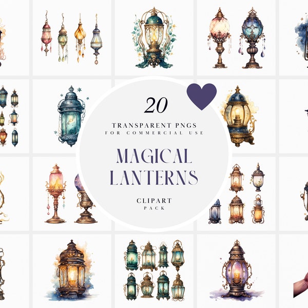 Watercolor Magical Lantern Clipart, Magical Lanterns Clipart, Magic Fantasy Lantern, Whimsical Lantern, Transparent PNG Art, Commercial Use