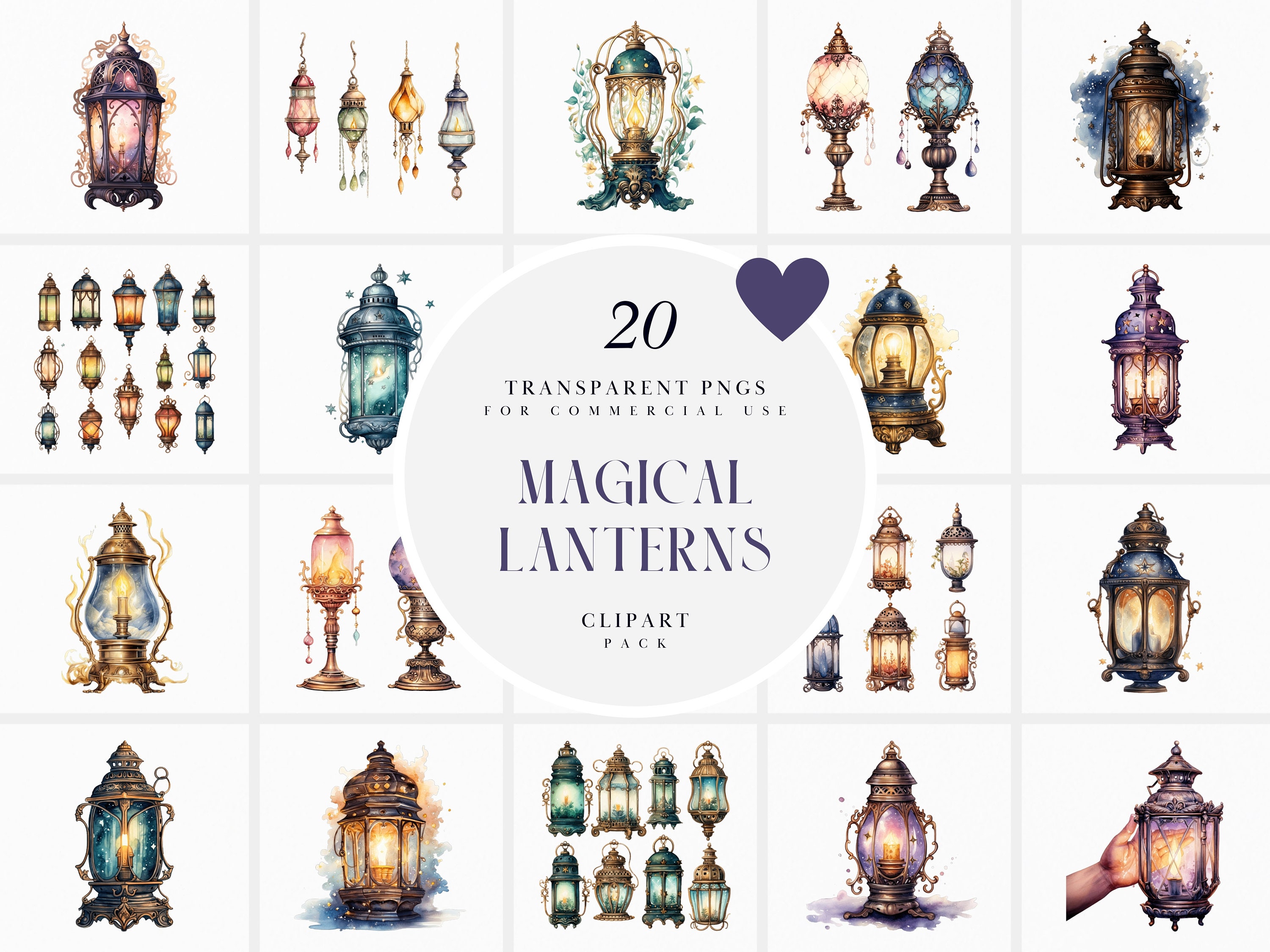 Watercolor Magical Lantern Clipart, Magical Lanterns Clipart, Magic Fantasy Lantern, Whimsical Lantern, Transparent PNG Art, Commercial Use