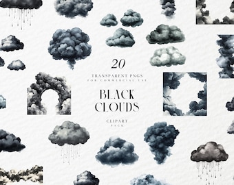Clipart de nuvens pretas em aquarela, clipart de nuvens fofas góticas escuras, chá de bebê de berçário, primeiro aniversário, PNG transparente, uso comercial