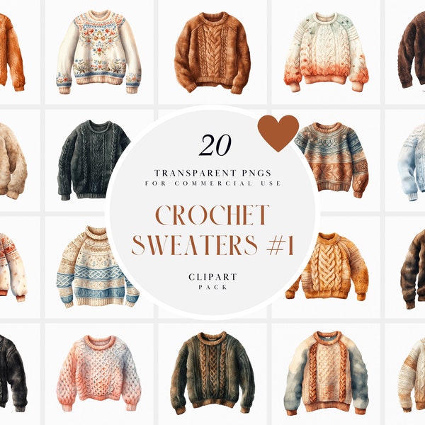 Watercolor Crochet Sweater Clipart, Crochet Sweaters Clipart, Handmade Sweater Clipart, Cozy Sweater, Transparent PNG Graphic Commercial Use