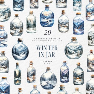Watercolor Winter in Jar Clipart, Dreamy Snow Scene, Festive Mason Bottle, Rustic Christmas Spell, Transparent PNG Graphics, Commercial Use