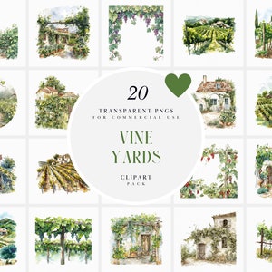 Clipart di vigneto ad acquerello, clipart di campi di vino e paesaggi, clipart di vigneto, vigneti, grafica PNG trasparente, uso commerciale
