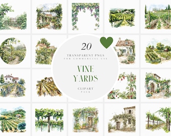 Watercolor Vineyard Clipart, Wine Fields and Landscapes Clipart, Vine Yard Clipart, Vineyards, Transparent PNG Graphics, Commercial Use