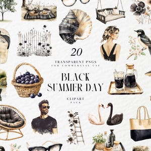 Clipart de un acogedor día de verano en acuarela, diseño floral neutro con temática negra, pegatina digital, gráficos PNG transparentes, uso comercial