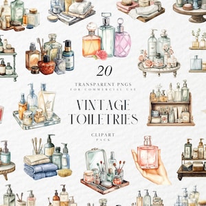 Aquarell Vintage Toilettenartikel Clipart, antikes Make-up Parfüm & Seife, Schönheit, Blumen Boudoir Set, transparente PNG, kommerzielle Nutzung