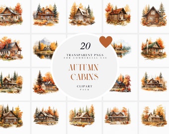 Watercolor Autumn Log Cabin Clipart, Rustic Fall Cabin Clipart, Cozy Woodland Forest Cabins Clipart, PNG format for Commercial Use