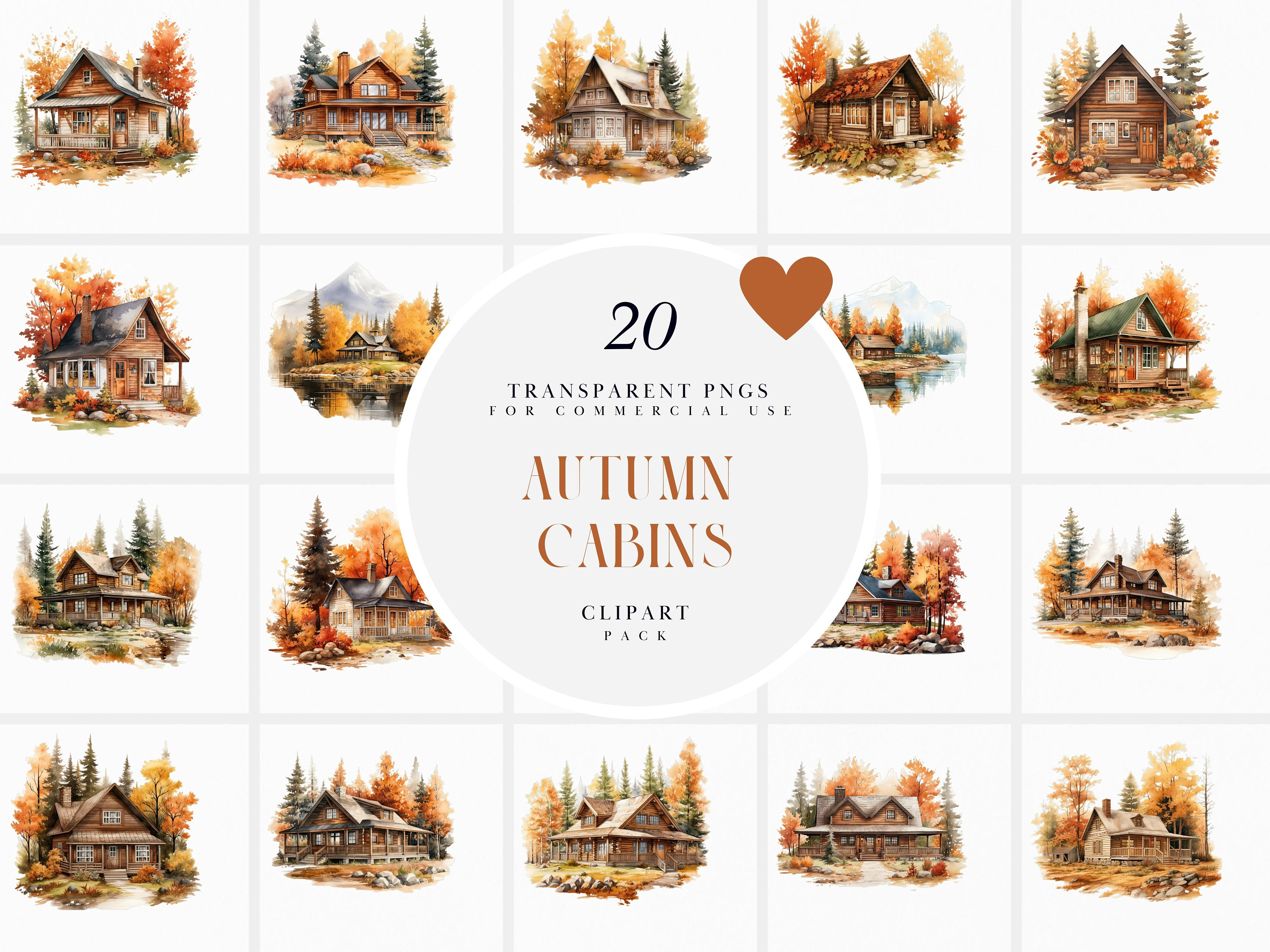 Watercolor Autumn Log Cabin Clipart, Rustic Fall Cabin Clipart, Cozy ...