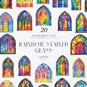 Watercolor Rainbow Stained Glass Clipart, Multicolor Arch Windows, Church Mosaic Pattern Elements, Transparent PNG Graphics, Commercial Use
