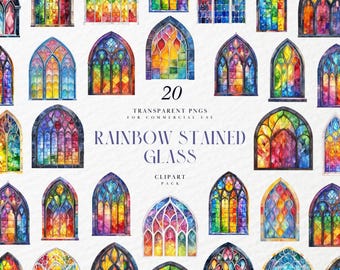 Watercolor Rainbow Stained Glass Clipart, Multicolor Arch Windows, Church Mosaic Pattern Elements, Transparent PNG Graphics, Commercial Use