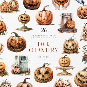 May include: A set of 20 watercolor illustrations of jack-o'-lanterns in various poses and expressions. The illustrations are perfect for Halloween crafts, decorations, and digital projects.