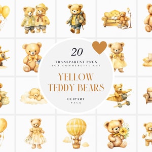 Aquarel gele teddyberen clipart, gele kwekerij teddybeer clipart, schattige baby shower clipart, transparante png-afbeeldingen, commercieel gebruik