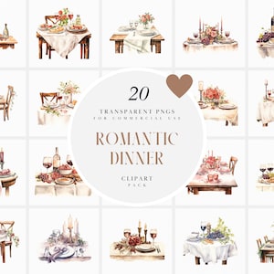 Clipart per cena romantica ad acquerello, clipart per appuntamento notturno, tavolo apparecchiato per ristorante per due, coppia di innamorati, grafica PNG trasparente, uso commerciale