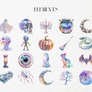 Pu&ograve; includere: Illustrazioni ad acquerello di elementi a tema Halloween. Include un fantasma, teschio, scheletro, candelabro, calderone, luna crescente, zucca, scopa, serpente, occhio, lapide, gatto, pipistrello, bara, ragno, albero e sfera di cristallo. La parola "ELEMENTS" &egrave; in alto.