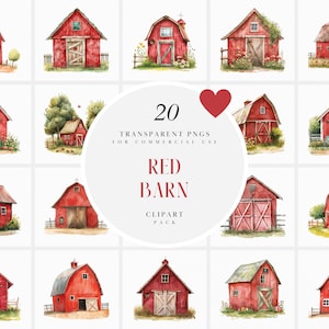 May include: A set of 20 watercolor illustrations of red barns with various details, including windows, doors, and roofs. The illustrations are perfect for adding a touch of rustic charm to any project.