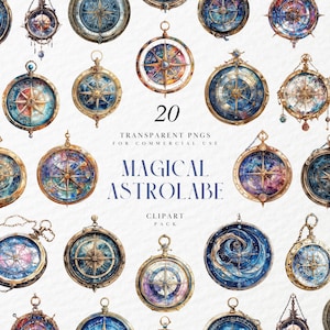 Puede incluir: Una colección de 20 imágenes prediseñadas de astrolabios en acuarela. Cada astrolabio presenta un diseño de rosa de los vientos con temas celestiales y náuticos en tonos azules, dorados y morados. El texto dice "Magical Astrolabe Clipart Pack".