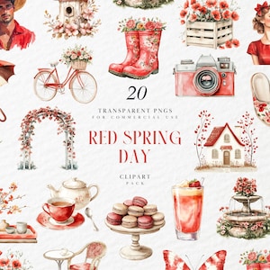 Clipart de un acogedor día de primavera en acuarela, saludos primaverales neutros con temática roja, floral, calcomanía digital, gráficos PNG transparentes, uso comercial