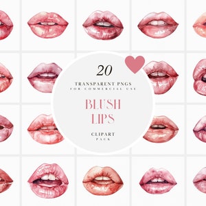 Aquarel blush roze lippen clipart, vrouwen pastel lippen clipart, vrouwelijke lippenstift kusjes clipart, transparante PNG-graphics, commercieel gebruik