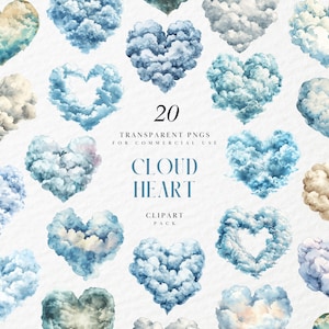May include: A set of 20 watercolor cloud heart illustrations in various shades of blue, white, and beige. The illustrations are in the shape of hearts and are perfect for adding a touch of whimsy to your designs.