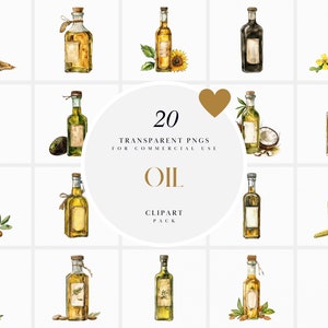 Clipart di oli dell'acquerello, olio di avocado di cocco, olio di arachidi di semi di lino Conola olio d'oliva olio vegetale di girasole, clipart di olio di sesamo di semi di canapa di palma