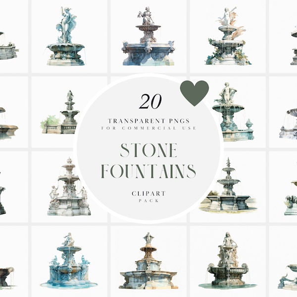 Watercolor Stone Water Fountain Clipart, Antique Greek Fountain Clipart, Old Roman Fountains Clipart, Transparent PNG Graphic Commercial Use