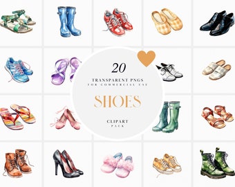 Könnte beinhalten: Aquarellillustrationen verschiedener Schuhstile, darunter Sandalen, Stiefel, Turnschuhe und High Heels. Das Bild zeigt eine Vielzahl von Schuhen in verschiedenen Farben und Designs, mit dem Text "20 TRANSPARENT PNGS FOR COMMERCIAL USE SHOES CLIPART PACK".