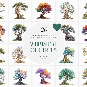 Könnte beinhalten: Ein Set mit 20 skurrilen Illustrationen alter Bäume. Die Bäume sind in Aquarell gemalt und haben eine Vielzahl von Farben und Stilen. Die Bäume sind perfekt, um jedem Projekt einen Hauch von Skurrilität zu verleihen.