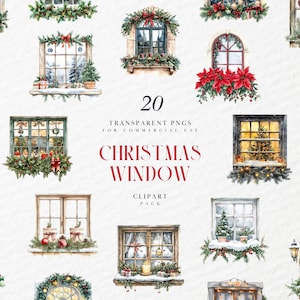 Clipart di finestre di Natale ad acquerello, finestre accoglienti decorate, Natale, stagione delle feste, inverno innevato, PNG trasparente, uso commerciale