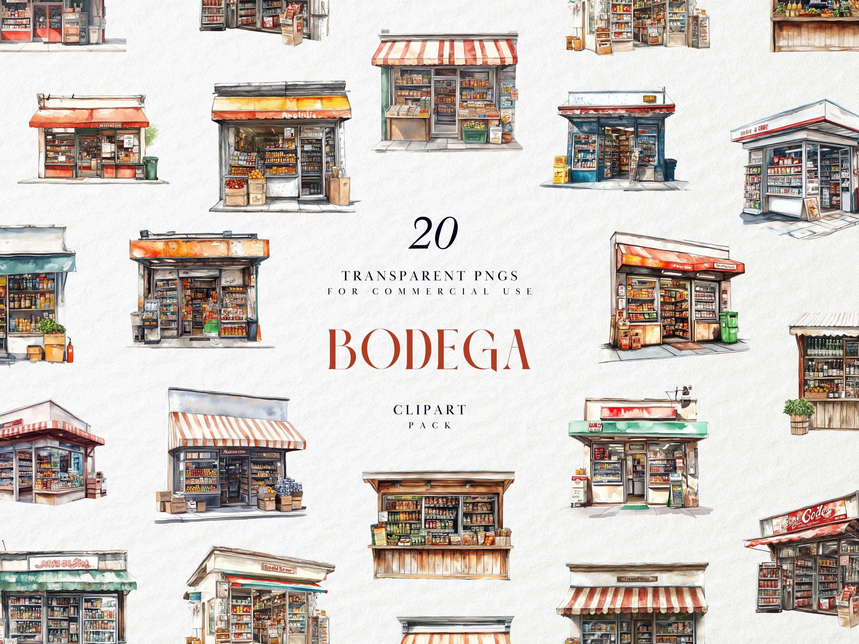 Watercolor Bodega Clipart, Corner Shop, Corner Store, NYC, New York, Street Corner, Gas Station, Transparent PNG Graphics, Commercial Use