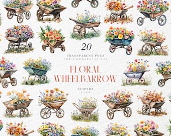 Watercolor Floral Wheelbarrow Clipart, Rustic Wooden Garden Cart Decor, Spring Wildflowers Bundle, Transparent PNG Graphics, Commercial Use