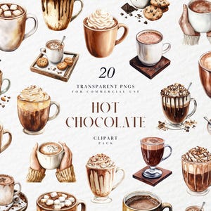 Clipart di cioccolata calda ad acquerello, bevanda al cacao caldo, tazza di cioccolata, deliziosa, accogliente, cioccolata fumante, grafica PNG trasparente, uso commerciale
