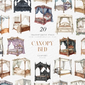 May include: Watercolor illustrations of various canopy beds in different styles. The beds feature ornate headboards, draped canopies, and detailed bedding. The image includes the text "20 Transparent PNGs for Commercial Use" and "Canopy Bed Clipart Pack."