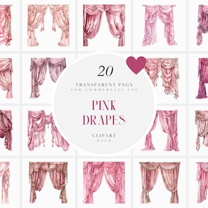 Clipart de cortinas rosa aquarela, clipart de cortina de janela, ilustração para fazer cartões, molduras de bordas, gráficos PNG transparentes, uso comercial