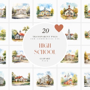 Clipart acquerello del campus della scuola superiore, Clipart della scuola media, Istruzione superiore, Edificio per il ritorno a scuola, PNG trasparente, Uso commerciale