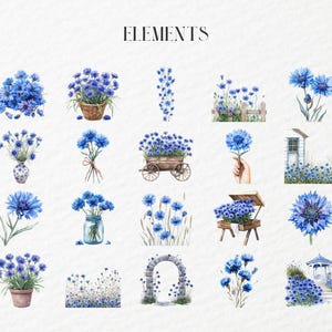 May include: Watercolour illustrations of blue cornflowers in various arrangements. The image includes flowers in baskets, vases, bouquets, and a wooden cart. The word "ELEMENTS" is at the top of the image.