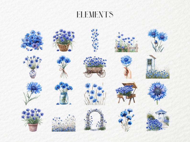 May include: Watercolour illustrations of blue cornflowers in various arrangements. The image includes flowers in baskets, vases, bouquets, and a wooden cart. The word "ELEMENTS" is at the top of the image.