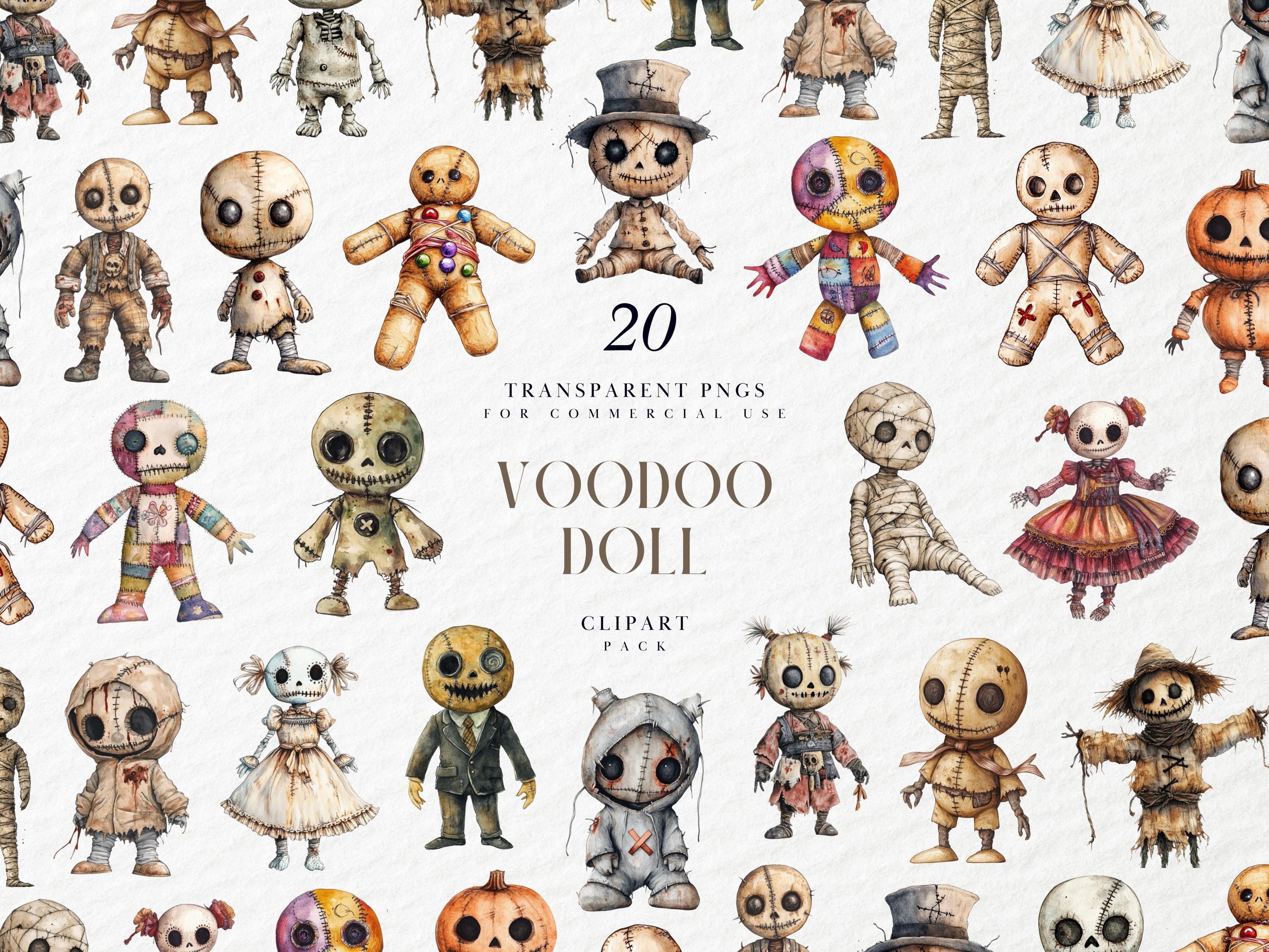 Clipart di bambola voodoo ad acquerello, stile gotico inquietante e carino, bambola di pezza cucita, decorazione horror di Halloween, grafica PNG trasparente, uso commerciale