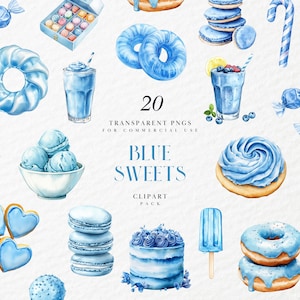 Clipart de dulces azules de acuarela, tema de postre variado, galleta, helado, caramelo, pastelito, bebida, gráficos PNG transparentes, uso comercial