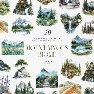 Clipart de bioma montañoso en acuarela, paisaje de bosque alpino, paisaje de picos nevados, flora de las tierras altas, gráficos PNG transparentes, uso comercial