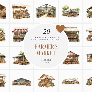 Clipart del mercato degli agricoltori dell'acquerello, clipart del mercato della frutta, clipart del mercato ortofrutticolo, mercato locale, grafica PNG trasparente, uso commerciale