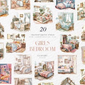 Dormitorio de niña en acuarela, dormitorio femenino acogedor, dormitorio con cama con temática de diseño de interiores, gráficos PNG transparentes, uso comercial