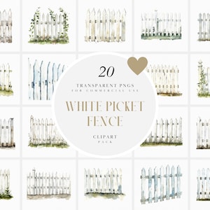 Aquarel witte piket hek clipart, houten tuinhek, buitenwijken, Americana, tuinelementen, tuinieren, transparante png, commercieel gebruik