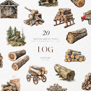 Clipart di tronchi di legno ad acquerello, tronchi di legno rustici, legname, legna da ardere, taglialegna, boscaiolo, grafica PNG trasparente, uso commerciale