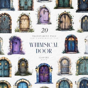 Puede incluir: Una colección de 20 imágenes prediseñadas de puertas caprichosas en varios colores, incluyendo azul, morado y marrón. Cada puerta tiene detalles arquitectónicos únicos y está decorada con luces y follaje. El texto dice "Whimsical Door Clipart Pack".