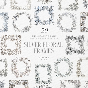 Clipart cadre photo floral argenté aquarelle, coin de page, bannière, bordure de page, éléments décoratifs, graphique PNG transparent, usage commercial