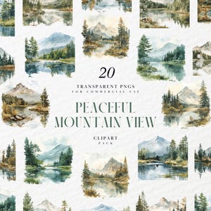 May include: A set of 20 watercolor illustrations of peaceful mountain views with lakes and reflections. The illustrations are in a soft, muted color palette and feature a variety of mountain shapes and sizes. The text "20 TRANSPARENT PNGS FOR COMMERCIAL USE PEACEFUL MOUNTAIN VIEW CLIPART PACK" is included in the image.