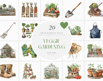 Clipart di giardinaggio vegetale ad acquerello, attrezzi da giardino, giardiniere ragazzo ragazza, cortile, elementi della vita in fattoria, grafica PNG trasparente, uso commerciale