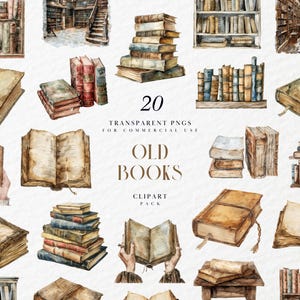 Clipart di libri antichi ad acquerello, amante dei libri rustici, elementi vintage del topo di biblioteca, biblioteca, scaffale, grafica PNG trasparente, uso commerciale