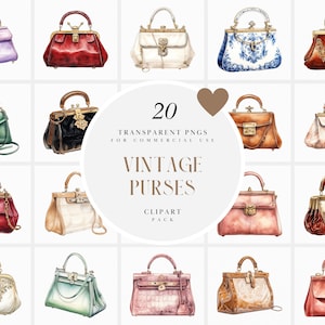Aquarell Vintage Geldbörse Clipart, Retro Geldbörse Clipart, Antike Verschluss Handtasche Clipart, Damenhandtaschen, transparente PNG, kommerzielle Nutzung Kunst